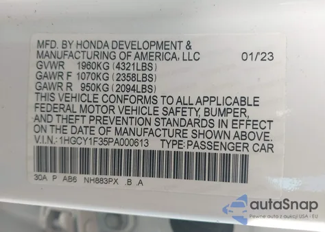 2023 Honda Accord Ex из США, поврежденный, VIN 1HGCY1F35PA000613